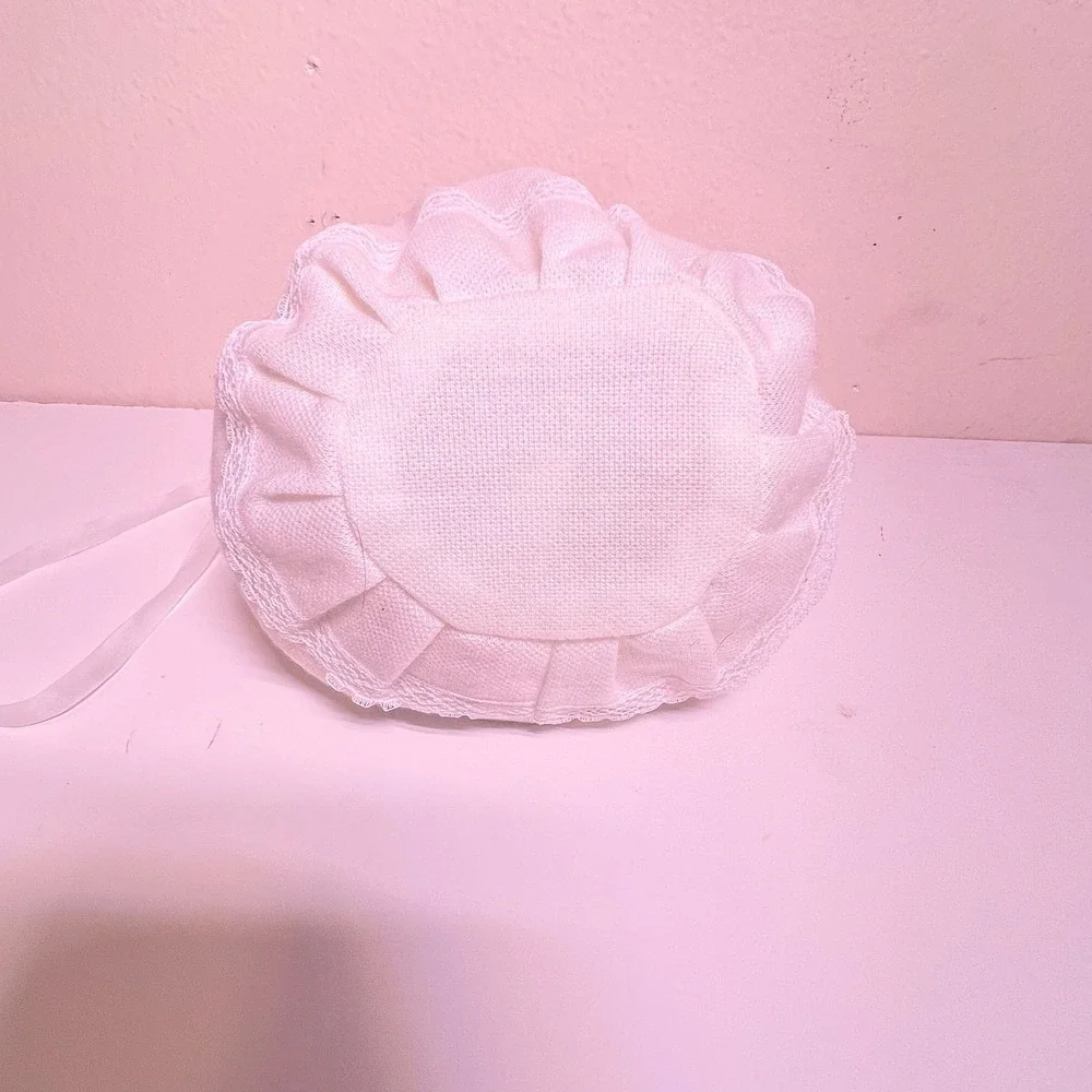 Infant Bonnet White‎ Pink Floral Embroidered Ruffle Lace Tie Vintage
